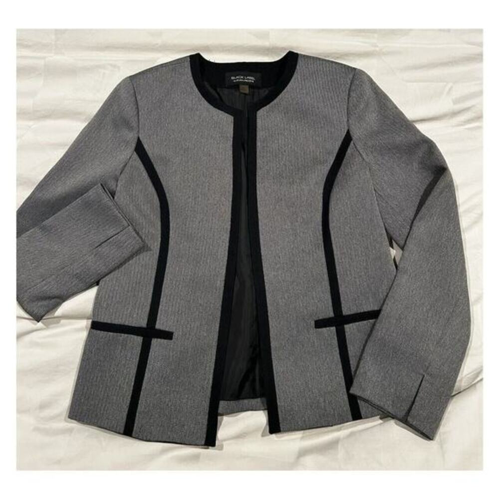 Black Label‎ by Evan-Picone Blazer Womens 8 Grey Herringbone Open Front Contrast